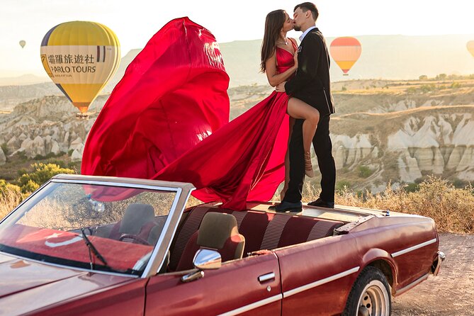 Cappadocia Private Photo Shoot with Flying Dress & Vintage Car - Private Cappadocia balloon photos, built around real morning light